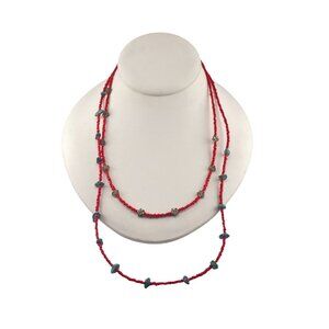 Boho Handcrafted Red & Blue Beaded Necklace With Metal Accents 24" Unbranded
